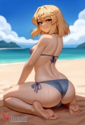 1boy 2d ai_generated ass bangs barefeet big_ass bikini blonde_hair bulge erection erection_under_clothes erophoenix feet full_body green_eyes looking_at_viewer looking_back male male_focus navel nude otoko_no_ko pale_skinned_male patreon_username penis sitting smile soles solo solo_male sweat swimsuit thick thick_thighs toes uncensored
