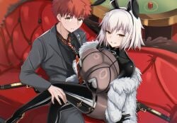 1boy animal_ear_hairband animal_ears black_gloves black_shirt breasts casino clothes_grab cosplay couch crossed_legs emiya_shirou evertale fake_animal_ears fate/grand_order fate/stay_night fate_(series) female formal_clothes fur_jacket gloves grey_hair grey_jacket grey_pants grey_suit gun guns hairband huge_breasts indoors jacket jeanne_d'arc_alter_(fate) lancelot_(evertale) lancelot_(evertale)_(cosplay) looking_at_viewer male necktie necktie_grab neckwear_grab nontraditional_playboy_bunny official_alternate_costume on_couch orange_hair pants playboy_bunny poker_chip rabbit_ear_hairband rabbit_ears red_background red_necktie shirt shokobr sitting sitting_on_lap sitting_on_person spiked_hair suit yellow_eyes