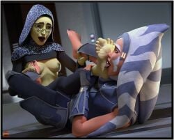 2girls ahsoka_tano alien barriss_offee breasts_out feet female foot_fetish foot_focus foot_lick foot_play licking_foot mirialan shy snafusevsix soles star_wars togruta yuri