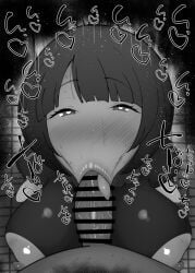 1boy 1girls :>= big_breasts big_penis black_and_white blush bodysuit censored dark-skinned_male dark_skin detailed_background drooling erect_nipples eyelashes fellatio female female_focus gundam gundam_gquuuuuux heart heart-shaped_pupils human indoor inside interracial kurotama looking_at_viewer male male_pov mature milf mother nipple_cutout oral oral_sex penis room saliva shiiko_sugai shiny shiny_skin short_hair sketch sound_effects squatting sweat text tongue_out vein veins veiny veiny_penis