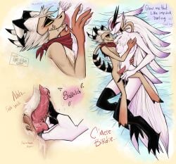 1boy 1girls 2023 2d avian avian_humanoid balls ballsack bandana bird bird_humanoid breasts breasts_out cloaca cloaca_juice cloacal cloacal_fingering cloacal_penetration cloacal_penis color demon dialogue dialogue_bubble english english_dialogue english_text erect_penis erection feathers female genital_fluids genital_slit genitals helluva_boss horns imp licking licking_nipples male nipples onomatopoeia penis spiked_tail stella_(helluva_boss) stockings striker_(helluva_boss) tail text text_bubble twiggietime vivienne_medrano watermark yellow_background