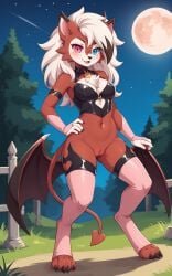 1girls 2025 ai_generated anthro armwear blue_eyes blushing canine digitigrade female female_only generation_7_pokemon hand_on_hip heterochromia hi_res innie_pussy long_hair lycanroc midnight_lycanroc moon night nintendo open_mouth outdoors pink_eyes pokemon pokemon_(species) pussy red_fur slit_pupils smile succubus succubus_wings thighhighs white_fur white_hair