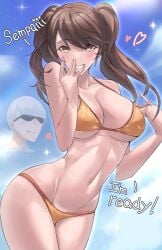 bare_shoulders beautiful big_breasts bikini blush breasts brown_eyes brown_hair calmgreentori cleavage kujikawa_rise large_breasts light-skinned_female long_hair megami_tensei narukami_yu persona persona_4 sexy sky_background slim_waist smile swimsuit teasing thighs twintails