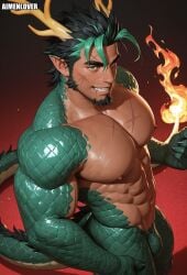 1boy ai_generated aimenlover antlers bara beard black_hair claws dragon_boy dragon_horns dragon_scales dragon_tail facial_hair fire flame green_hair holding male muscular muscular_male nude pointed_ears scales scar smiling spiky_hair two_tone_hair