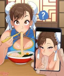 1girls blowjob blowjob_face blush capcom chinese chun-li cock confused_look drooling eating fellatio female food food_play half-closed_eyes lammycore looking_at_viewer looking_up noodles phone phone_screen pov pov_eye_contact ramen saliva street_fighter street_fighter_6