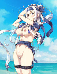 ainu_clothes areolae bandana beach blue_eyes blue_sky blush bottomless breasts clothes_removed cloud cropped_jacket dress female folded_ponytail groin hair_between_eyes headband holding_clothes kamoi_(kantai_collection) kantai_collection large_breasts long_hair long_sleeves looking_at_viewer navel nipples open_mouth outdoors pubic_hair pussy sameha_ikuya sidelocks skindentation sky sleeveless sleeveless_dress solo stomach sweat thick_eyebrows white_dress white_hair wrist_guards