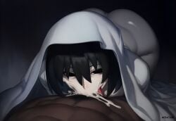 ai_generated aigatari ass blowjob creepy cum cum_in_mouth curvy dark-skinned_male dark_skin deepthroat fellatio female ghost_girl horror huge_ass interracial male monogatari_(series) oral oshino_ougi pale_skin under_blanket very_dark_skin