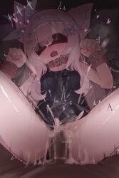 1boy absurdres animal_ear_fluff animal_ears bandaid bandaid_on_face blindfold blue_one-piece_swimsuit blush bondage bound bound_wrists bow breasts censored chains clothes_pull clothing_aside collar commentary_request covered_eyes covered_navel cuffs cum cum_in_pussy cum_on_body cum_on_clothes cum_overflow cumdrip dark-skinned_male dark_skin ejaculation facial female hair_ornament hairbow half-closed_eyes heart heavy_breathing highres long_hair lying missionary mosaic_censoring motion_lines multiple_hair_bows on_back one-piece_swimsuit one-piece_swimsuit_pull open_mouth original penis pink_hair pussy restrained school_swimsuit sex shinkaiobake small_breasts solo_focus spread_legs star_(symbol) star_hair_ornament stomach_bulge straight sweat swimsuit swimsuit_aside vaginal_penetration