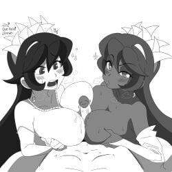 big_breasts big_nipples big_titties black_and_white blush curvaceous curvaceous_female curvaceous_figure curvy curvy_figure curvy_hips female female_focus filia_(skullgirls) fukua_(skullgirls) leoposting long_hair monochrome nipples nude nude_female penis skullgirls text titjob