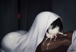 ai_generated aigatari ass blowjob creepy cum cum_in_mouth curvy dark-skinned_male dark_skin deepthroat fellatio female ghost_girl horror huge_ass interracial male monogatari_(series) oral oshino_ougi pale_skin under_blanket very_dark_skin