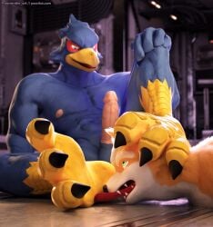 3_toes 3d_(artwork) absurd_res avian bird blender_(artwork) canid canine claws digital_media_(artwork) falco_lombardi falcon falconid feet foot_fetish foot_lick foot_on_face foot_play fox fox_mccloud hi_res licking mammal nintendo paws star_fox stormrider talons toes tongue