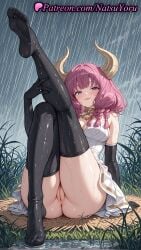 1girls 2025 ai_generated ass aura_(sousou_no_frieren) bangs black_gloves black_thighhighs blush braid breasts demon_girl demon_horns dress elbow_gloves feet female female_only frieren_beyond_journey's_end gloves gold_necklace hi_res highres horns large_breasts legs looking_at_viewer natsuyoru no_shoes outdoors patreon pink_hair purple_eyes pussy rain sitting sky soles solo sousou_no_frieren thighhighs thighs toes tongue tongue_out twin_braids vagina voluptuous voluptuous_female wet white_dress