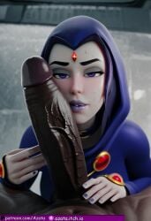 :>= absurdly_large_cock ai_generated azataai blowjob_face blue_cape blue_hood dark-skinned_male dark_penis dc dc_comics eye_contact female generalbutch_(style) grey_skin hyper_penis imminent_oral impossible_fit interracial looking_at_viewer male penis penis_on_face petite_female provocative rachel_roth raven_(dc) sweating taller_male teen_titans touching_face veiny_penis voluptuous_female