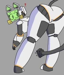 1girls 5_fingers ? animal_ears bent_over butt cat_ears cat_girl catgirl electric_plug electrical_plug_tail eyebrows eyebrows_raised female female_only fuch_animations green_face grey_background looking_back paws plug_tail pogchampion019 pur_03 pussy pussy_juice pussy_out question_mark robot robot_anthro robot_girl robot_humanoid robot_joints screen_face self_upload showing_pussy solo solo_female standing sticky_note tail tv_head unaware white_body white_skin