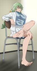 ashilover44 barefoot bleach bleach:_sennen_kessen-hen bleach:_the_thousand-year_blood_war crossed_legs exposed_soles feet female green_hair indoors leg_focus looking_to_the_side nelliel_tu_odelschwanck school_uniform sitting solo toe_spread
