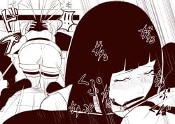 1boy 1girls bent_over black_and_white blowjob choking couple desk fellatio female gagging hyuuga_hinata hyuuga_hinata_(naruto:_the_last) male naruto on_knees saliva tears underneath uzumaki_naruto