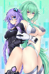 2girls ass big_ass big_breasts blue_eyes breasts cleavage clothed clothing curvy deity female female_only goddess green_hair green_heart hair large_breasts lindaroze locked_arms long_hair multiple_girls neptune_(neptunia) neptunia_(series) purple_eyes purple_hair purple_heart_(neptunia) sideboob text thick_thighs underboob url vert watermark wide_hips yuri