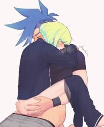 2boys anal anal_sex androgynous ass_grab blush bob_cut clothing femboy femboy_penetrated galo_thymos gay gay_sex lio_fotia male on_lap petite petite_body petite_male promare short_hair size_difference slim slim_male slim_waist twink yaoi