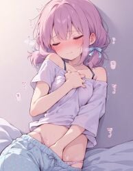 ai_generated closed_eyes female female female_only fingering fingering_self hand_on_breast hand_on_chest masturbation original_character pink_hair pleasure_face pleasured short_hair small_breasts