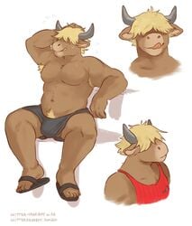 2018 anthro arm_support armpit_hair balls bare_chest barely_visible_balls barely_visible_genitalia blonde_hair bottomwear bovid bovine bulge cattle character_request clothed clothing crotch_tuft english_text glitter_trap_boy hair hand_behind_head horn licking licking_lips looking_away male male_only mammal mostly_nude multiple_images muscular muscular_male original original_character pecs red_clothing red_shirt red_topwear self_lick shirt shorts simple_background solo sweat text tongue tongue_out topwear url white_background