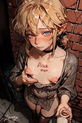 2sang ai_generated blonde_hair femboy grabbing_own_breast inverted_nipples lactation link looking_at_viewer milk otoko_no_ko puffy_nipples small_penis