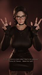 1girls 3d 3d_(artwork) amulet black_choker black_glasses black_heels black_shoes blender blender_eevee braid braided_hair braided_ponytail braided_twintails braids breasts brown_hair brown_skirt brown_socks brown_sweater caption choker cute double_v ear_piercing earrings english_text female female_focus female_only fully_clothed glasses green_eyes heels high_heels horny_female huge_ass huge_breasts lip_piercing lip_ring long_socks looking_at_viewer lots_of_jewelry necklace nose_blush nose_piercing nose_ring original_character osimai peace_sign pencil_skirt ring ring_piercing runa_(osimai) sitting smirk smirking smirking_at_viewer socks stockings sweater talking_to_viewer tall_girl teasing teasing_viewer text thigh_highs thighhighs third_person_dialogue thought_bubble tight_clothing tight_skirt tight_sweater twintails