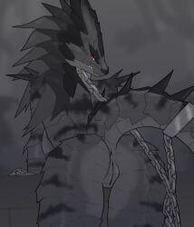 anthro anus arm_support ass biped bound breasts chained_up chains cuff_(restraint) digital_media_(artwork) female genitals grey_body hi_res innie_pussy jekuben looking_at_viewer markings monochrome nude orange_eyes presenting pussy raised_tail rear_view reptile restraints scales scalie side_boob simple_background solo spikes spikes_(anatomy) spot_color striped_markings stripes tail teeth yellow_sclera