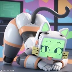 ai_generated ass ass_up cat_ears cat_pose cat_tail catgirl cum cum_on_ass cum_on_butt green_eyes green_face pur_03 robot robot_girl screen_face tongue tongue_out white_hair