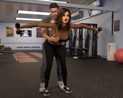1boy 1girls breasts brown_hair clare3dx clothed female fiddlestix_3dx_(artist) grabbing_another's_breast grabbing_breasts grabbing_from_behind groping groping_breast groping_breasts groping_from_behind male sportswear weightlifting