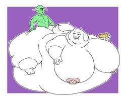 2019 anon anthro big_breasts breasts duo female food huge_breasts hyper hyper_breasts immobile jangleforks male morbidly_obese nude obese overweight sex straight sweat thick_thighs toriel undertale video_games