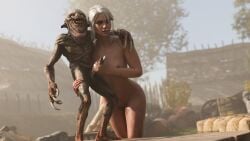 3d belethor's_smut breasts cd_projekt_red ciri completely_nude cum female freckles green_eyes handjob light-skinned_female mascara monster nekker nipples nude outdoors penis penis_grab pussy scar tattoo the_witcher_(series) the_witcher_3:_wild_hunt white_hair