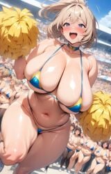 1girls ai_generated ass bikini blush breasts cameltoe cheerleader exhibitionism female gezigezi2 huge_ass huge_breasts looking_at_viewer multiple_girls navel open_mouth plump smile stadium stadium_background sweat sweating thick_thighs thighs