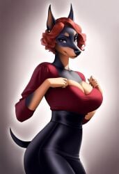 2d ai_generated anthro anthro_dog bangs bedroom_eyes black_fur black_nails black_pants body_hugging breast_grab breed_doberman bust_emphasis bust_focus canine_humanoid canine_tail cel_shading center_frame character_focus clean_lineart cropped_tail curled_hair curvy_body dark_muzzle dark_pants deep_cleavage digital_art direct_gaze doberman docked_tail ear_piercing earrings elegant_pose expressive_face eyebrow_markings fashionable_clothing female finger_curl flirty_body_language foreground_focus form_fitting full_body glamour_theme glamour_vibes glossy_pants gold_earring gradient_background hair_bangs head_tilt high_waist_pants hourglass_figure humanoid_female large_breasts latex_clothing long_ears low_cut_top majorfluffy mature_female mid_century_style muzzle_marking painted_nails pinscher pinup_pose pointed_ears portrait_orientation posed_portrait raised_brow red_hair red_top scoop_neck seductive_pose seductive_smile sensual_aura shiny_fabric shiny_pants shirt_lift shirt_stretch short_curly_hair short_fur short_hair soft_lighting solo studio_setting stylish_female stylized_hair sultry_expression symmetrical_frame tail_emphasis tan_markings thick_body thick_thighs three_quarter_sleeves tight_clothing tight_top upright_ears vintage_hairstyle wide_hips