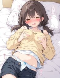 ai_generated breast_grab breasts brown_hair female female_only holding_breast huge_breasts lying lying_on_back lying_on_bed original_character panties pleasure_face pleasured short_hair shorts twintails yellow_eyes
