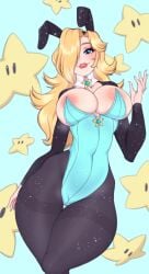 1girls alternate_breast_size big_breasts blonde_hair blue_eyes blush breasts bunny_ears bunnysuit female hair_over_one_eye huge_breasts long_hair looking_at_viewer mario_(series) nipples pov princess_rosalina senhorita_nance simple_background stars tagme thick_legs thick_thighs