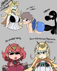 2boys 2d_artwork 2girls aged_up anal_sex big_ass big_breasts blonde blonde_female blonde_hair blonde_hair_female blue_eyeshadow blue_lipstick breast_squish clothed clothed_female clothed_male clothes clothing comedy cute cyan_eyeshadow cyan_lipstick earrings eyelashes female femboy funny game_and_watch humor illustration lemonadepikachu lipstick male meme monolith_soft mr._game_and_watch mythra nintendo pink_hair pink_lipstick pyra rex_(xenoblade) satire source_request super_smash_bros. super_smash_bros._ultimate tagme text xenoblade_(series) xenoblade_chronicles_2 year_request