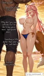 1boy 1girls ai_art ai_generated big_breasts bikini breasts bruce1982 corruption dark-skinned_male english english_text fate/grand_order fate_(series) female fox_girl kemonomimi light-skinned_female male mind_control netorare ntr swimsuit tail tamamo_(fate) tamamo_no_mae_(fate) tamamo_no_mae_(swimsuit_lancer)