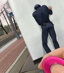 aomine_daiki background blue_hair daiki_aomine dark-skinned_male dark_skin detailed_background gay handcuffs kagami_taiga kuroko_no_basuke leaning leaning_against_wall meme nekido pink_vibrator police police_officer police_uniform remote_control_vibrator taiga_kagami trembling trembling_lines vibrator vibrator_in_ass vibrator_under_clothes wall wall_(structure)