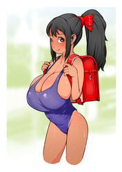 backpack big_breasts black_hair cameltoe dark-skinned_female female female_only huge_breasts j7w large_breasts meikko-chan_(j7w) one-piece_swimsuit ponytail shorts solo swimsuit top_heavy