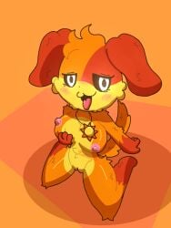 2025 3:4 4_fingers absurd_res black_nose black_sclera blush breast_grab breasts canid canine canis cel_shading critters_(poppy_playtime) digital_media_(artwork) dogday_(poppy_playtime) domestic_dog eyelashes female fingers fur genitals glowing glowing_eyes grabbing_own_breast half-closed_eyes hand_on_breast hi_res high-angle_view ibispaint_(artwork) jewelry kneeling looking_at_viewer mammal mob_entertainment mostly_nude mtf_crossgender multicolored_body multicolored_fur narrowed_eyes necklace necklace_only nipples no_humans nude nude_anthro nude_female open_mouth orange_background orange_body orange_fur pink_nipples poppy_playtime pussy rule_63 shaded signature simple_background smiling_critters tongue tongue_out watermark white_eyes xammyxx yellow_body yellow_fur