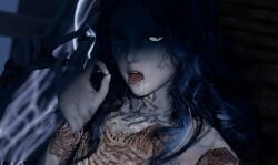 1girls 3d accurate_body_type blender blue_body blue_hair doll drool drooling elden_ring female ok_sign one_eye_closed open_mouth peace_sign ranni_the_witch saliva saliva_on_face shizu_miro solo solo_female tongue tongue_out