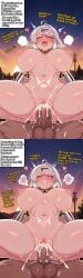 1boy 1girls 2koma ai_generated angry_expression blush closed_eyes continuation continue_after_cum creampie crotch_tattoo cum_in_pussy excessive_cum female gritted_teeth hairclip hearts_around_head hetero_sex huge_breasts huge_cock huge_testicles male open_mouth painful_sex reverse_cowgirl_position sleeveless_jacket spread_legs steamy_breath struggling struggling_to_get_out sunset sweating two_panel_image white_hair wide_hips words yelling yixuan_(zenless_zone_zero) yunkui_summit zenless_zone_zero