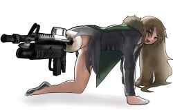 blonde_female blonde_hair clothed cosplay female female_only gun higuchi_maya maya_higuchi no_hand no_salvation one_hand perspective planet_terror pussy pussy_juice pussy_lips raised_leg smiling vanity2112 vulva vulva_line weapon white_background