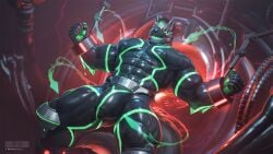 2025 abs ankle_cuffs anthro are artist_logo biceps black_bodysuit black_clothing black_skinsuit bodysuit bulge cable canid canine canis claws clothing cuff_(restraint) detailed_bulge finger_claws fur green_eyes grey_body grey_fur handcuffed handcuffs hi_res lifewonders live_a_hero logo machine_bondage male mammal metal_cuffs metal_jaw metal_mask monomasa muscular muscular_anthro muscular_male nipple_outline pawpads pecs red_sclera restraints skinsuit solo tail takahirosi tight_clothing twitter_handle used. vein veiny_muscles wolf