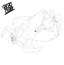 1boy 1girls back_4_blood big_breasts big_penis big_thighs black_eyes black_hair blush brat brown_eyes brown_hair coat commission doc_(back_4_blood) earrings female glasses holding_legs huge_cock laying_on_back line_art male missionary_position moaning_in_pleasure penetration pochoclogigi sex size_difference small_but_hung small_dom_big_sub submissive tank_top_lift warner_bros