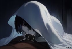 ai_generated aigatari blowjob creepy dark-skinned_male dark_skin deepthroat fellatio female ghost_girl horror interracial male monogatari_(series) oral oshino_ougi pale_skin very_dark_skin
