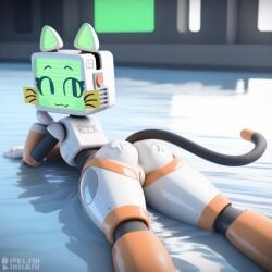 ai_generated ass ass_focus cat_ears cat_tail catgirl cubic_breasts cum cum_on_ass cum_on_butt gibberish green_eyes green_face legs_apart legs_spread nonsense pur_03 robot robot_girl screen_face tongue tongue_out water white_body