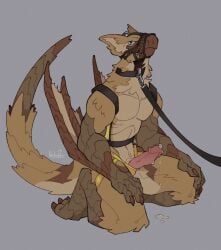 anthro bodily_fluids capcom claws clothed clothing dripping erection flying_wyvern genital_fluids genitals harness hi_res jockstrap jockstrap_only kneeling leaking_precum leash looking_at_viewer male monster_hunter muzzle_(object) muzzled nargacuga penis precum precum_drip precum_pool simple_background solo toe_claws topless underwear underwear_only vailet_deer