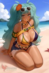 1girls 2d ai_generated aqua_hair ass barefoot big_ass big_breasts bikini bracelet brazilian_miku breasts dark-skinned_female earrings erophoenix eyewear_on_head feet female full_body grin hair_flower hair_ornament hatsune_miku huge_breasts jewelry kneeling long_hair looking_at_viewer looking_back nail_polish patreon_username shorts smile soles solo solo_female sunglasses swimsuit tan tellow_shirt thick thick_thighs toes uncensored vocaloid