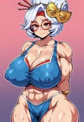 1girls ai_generated big_breasts blue_outfit breasts cleavage collarbone exposed_shoulders female glasses hair_bun hair_ornament highres huge_breasts large_breasts light-skinned_female nintendo purah purah_(tears_of_the_kingdom) red_eyes red_glasses short_hair simple_background smile solo tears_of_the_kingdom the_legend_of_zelda tight_clothing
